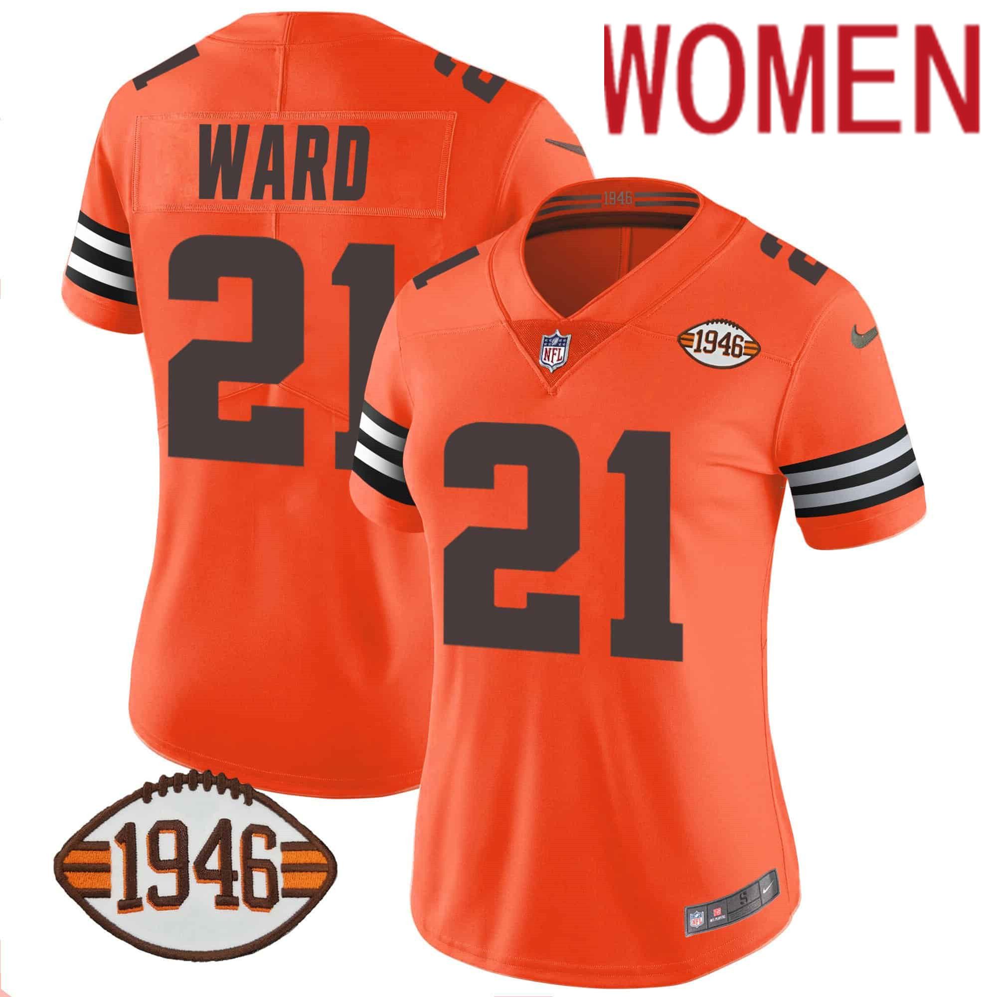 Women Cleveland Browns #21 Ward Orange 1946 75th Anniversary Patch 2024 Nike NFL Jersey